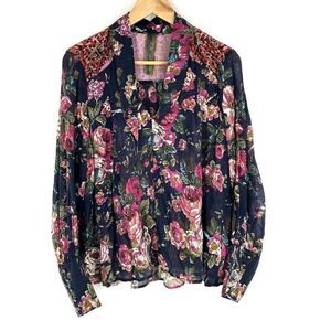 Aratta Silent Journey Diana Top Size Medium Blue Floral Print Beaded Velvet